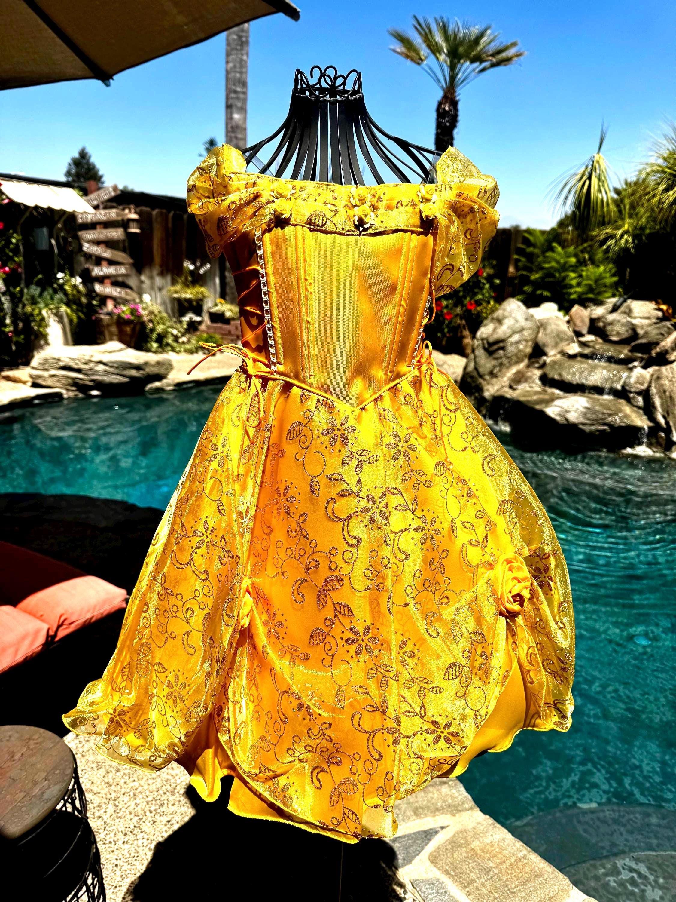 belle gold dress costume Inspired Yellow Ball Gown With Roses, Princess Vestido NA-07.08.26PM
