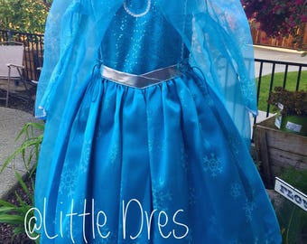 Elsa Inspired Blue Sequin Ball Gown Dress with Cape for Girls, Snowflake Princess Costume