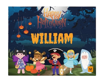 Halloween Child Puzzle Sublimation Design Template, Trick or Treat Digital Kid Custom Name Costume Jigsaw PNG JPEG Pirate Fairy Princess