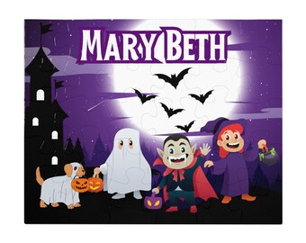 Halloween Child Puzzle Sublimation Design Template, Trick or Treat Digital Kid Custom Name Costume Jigsaw PNG JPEG Ghost Vampire Personalize