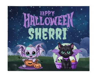 Halloween Black Cat Child Puzzle Sublimation Design Template, Cute Bat Trick or Treat Digital Kid Custom Name Costume Dragon Jigsaw PNG JPEG