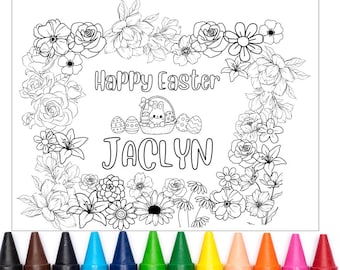 Frohe Ostern Färbung Design-Vorlage, Hase Ostern Malbuch Kind personalisierte Aktivität Seitenname, Tischset Eierkorb Digital PNG JPEG