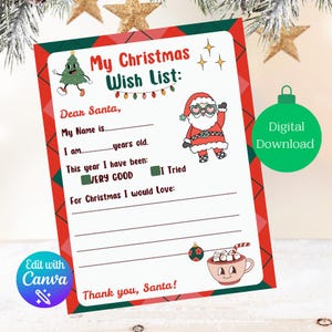 Carta retro a Papá Noel, lista de deseos navideños imprimible, lista de deseos de Papá Noel editable, actividad navideña imprimible para niños, descarga digital