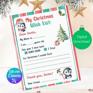 Lista de deseos de Papá Noel, temática de pingüinos, imprimible navideño para niños, lista de deseos imprimible, carta a Papá Noel, actividad editable, descarga digital