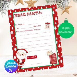 Carta a Papá Noel, Lista de deseos de Navidad imprimible, Lista de deseos de Papá Noel editable, Imprimible de Navidad para niños, Actividad navideña, Descarga digital
