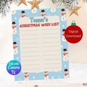 Carta infantil a Papá Noel, Lista de deseos navideños, Carta a Papá Noel, Archivo imprimible, Página de descarga de la carta a Papá Noel, Carta a Papá Noel, Tema de muñeco de nieve