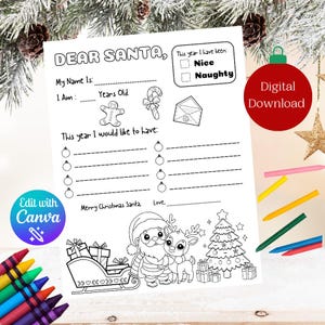 Druckbare Weihnachtswunschliste, Farbe Brief an Santa, Färbung Lieber Santa Brief, Brief an Santa Malseite, Santa Kids Aktivität DIGITAL