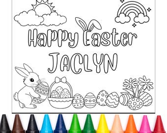 Frohe Ostern Färbung Design-Vorlage, Hase Ostern Malbuch Kind personalisierte Aktivität Seitenname, Tischset Eierkorb Digital PNG JPEG