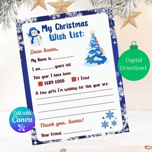 Carta a Papá Noel, Lista de deseos de Papá Noel, Tema de muñeco de nieve, Imprimible navideño para niños, Lista de deseos imprimible, Actividad editable descargable digital
