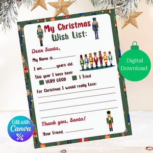 Lista de deseos de Papá Noel, Cascanueces, imprimible navideño para niños, lista de deseos imprimible, carta a Papá Noel, actividad editable, descarga digital
