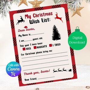 Lista de deseos de Papá Noel, temática de renos, imprimible navideño para niños, lista de deseos imprimible, carta a Papá Noel, actividad editable, descarga digital