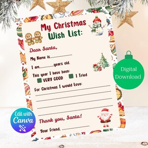 Lista de deseos navideña imprimible, Carta a Papá Noel, Lista de deseos de Papá Noel editable, Imprimible navideño para niños, Actividad navideña, Descarga digital