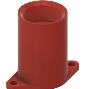 May include: A red plastic pipe fitting with a flat base and a round opening at the top.
