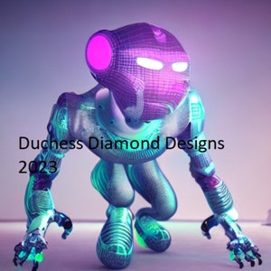 May include: A 3D rendering of a futuristic robot with a purple and blue color scheme. The robot has a large head with a wireframe design and glowing white eyes. The robot is in a crouching position with its arms outstretched. The text "Duchess Diamond Designs 2023" is visible in the image.