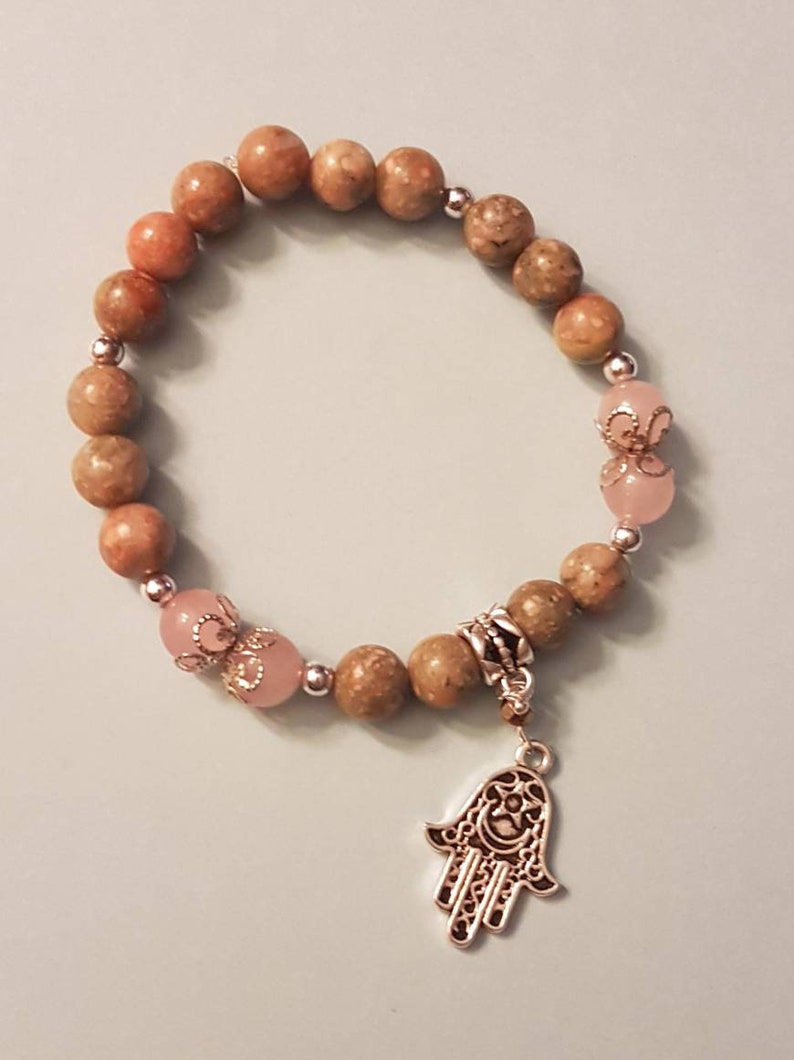 Unakite and Rose Quartz Bracelet with Hamsa Charm