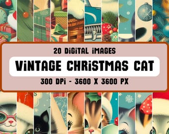 May include: A digital collage of 20 vintage Christmas cat images. The images feature cats wearing Santa hats, holding ornaments, and sitting in front of Christmas trees. The images are 3600 x 3600 pixels and 300 DPI.