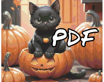 Kreuzstich Stickmuster | Halloween schwarze Katze | PDF Nähanleitung | DMC | Stickerei | Kürbis | Stickdatei | Digitales Format Kreuzstich