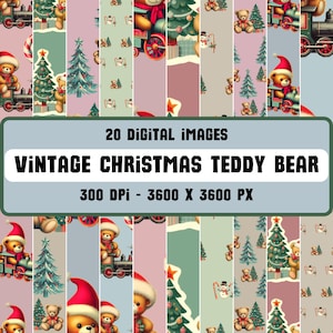 May include: A digital paper pack with 20 vintage Christmas teddy bear designs. The designs feature teddy bears wearing Santa hats, riding toy trains, and holding candy canes. The background is a mix of pink, green, and gray.