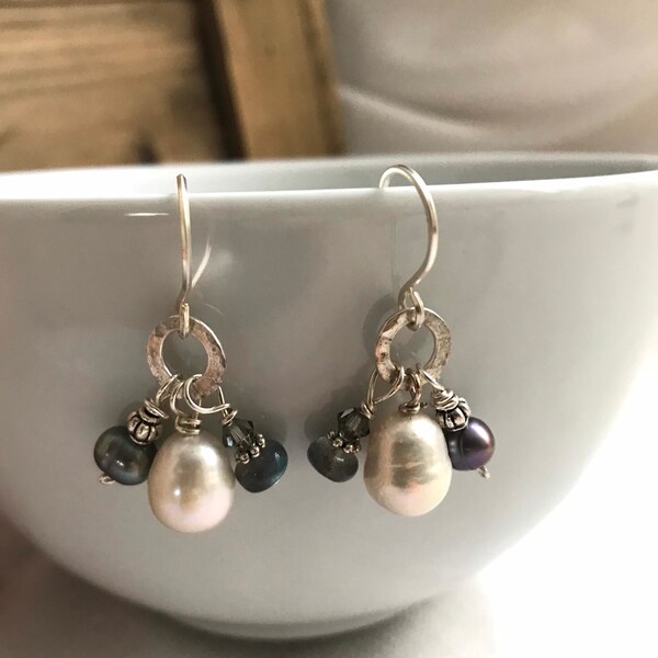 Handmade Pearl, labradorite, and crystal drop earrings, white, gray, silver, classy, sundance inspired, boho, minimalist, natural