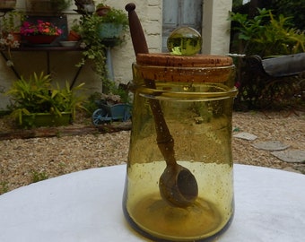 Vintage Hand-blown Green Glass Olive Storage Jar With Olivewood Ladle