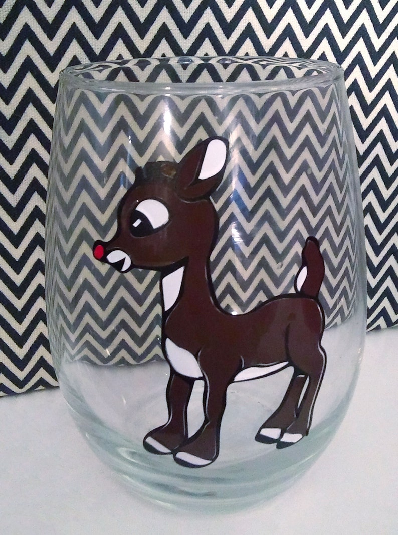 Christmas Rudolph Style Stemless Wine Glass Etsy