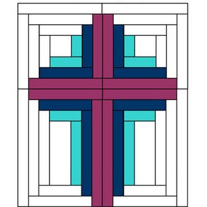 May include: A quilt pattern design for a cross with a white background, a dark blue cross, a teal blue cross, and a pink cross. The text "The Old Rugged Cross" is at the top of the image. The text "Wall Hanging Approximately 16in by 20in" is below the title. The text "Appalachian Quilters" is at the bottom of the image with the text "Bringing People and Pieces Together" below it.