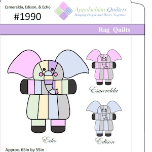 Puede incluir: Patrón de colcha de retazos con tres diseños de elefantes, llamados Esmerelda, Edison y Echo. El patrón mide aproximadamente 165 cm por 140 cm.