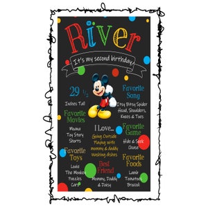 Op de afbeelding: Een zwart schoolbord met kleurrijke stippen en een Mickey Mouse-figuur. Het schoolbord heeft bovenaan de naam "River" en daaronder de tekst "Het is mijn tweede verjaardag!" Het schoolbord bevat ook informatie over Rivers favoriete dingen, zoals zijn favoriete films, liedjes, spellen, speelgoed, eten en beste vriend.
