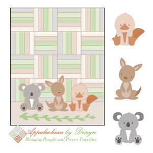 May include: A quilt pattern with a woven design in shades of green, beige, and gray. The pattern is surrounded by four cartoon animals: a koala, a kangaroo, a platypus, and another koala. The text "Appalachian by Design" and "Bringing People and Pieces Together" is at the bottom of the image.