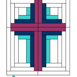 Op de afbeelding: Een quiltpatroon genaamd "The Old Rugged Cross" met een afgewerkte maat van 122 cm bij 157 cm. Het patroon heeft een kruis gemaakt van teal, donkerblauw en bordeauxrood stof. Het patroon is omgeven door een witte achtergrond.