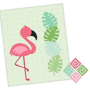 May include: A pink flamingo with a black beak stands on a green background with a white polka dot pattern.  There are four green and blue tropical leaves on the right side of the image.