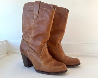 Brown Leather Western Cowboy Boots Block Heel Women's Size 6