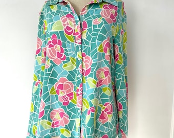 Vintage 90s Lilly Pulitzer Silk Button-Up Top Floral Print Long Sleeve Shirt M