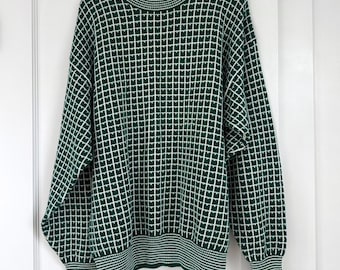 Vintage 90s English Sports Shop Bermuda Green Grid Knit Sweater Cotton Mens L