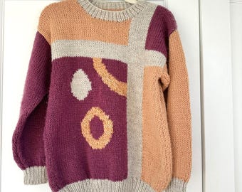 Vintage Color Block Knit Sweater Pullover Abstract Pattern 80s 90s