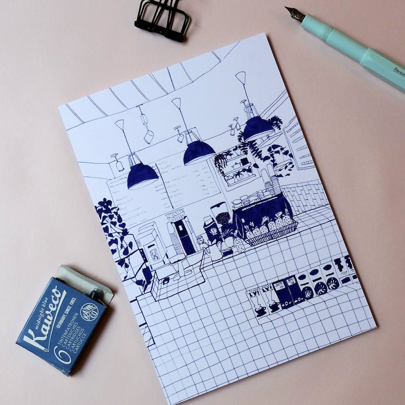 May include: A hand-drawn illustration of a cafe interior with a tiled floor, a counter, and a menu board. The cafe has a blue and white color scheme and features hanging lights and plants.
