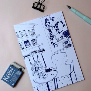 May include: A black and white ink drawing of a bookshelf with books, a table with a chair, and a plant hanging from the ceiling. The drawing is on a white background.