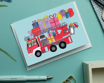 Fire brigade birthday card with penguins