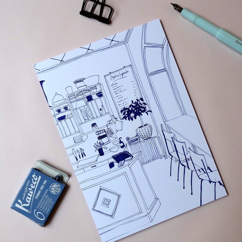 May include: A black and white line drawing of a cafe interior. The drawing features a counter, shelves, chairs, and a menu board with the text "Appetiser Sp&eacute;ciale".