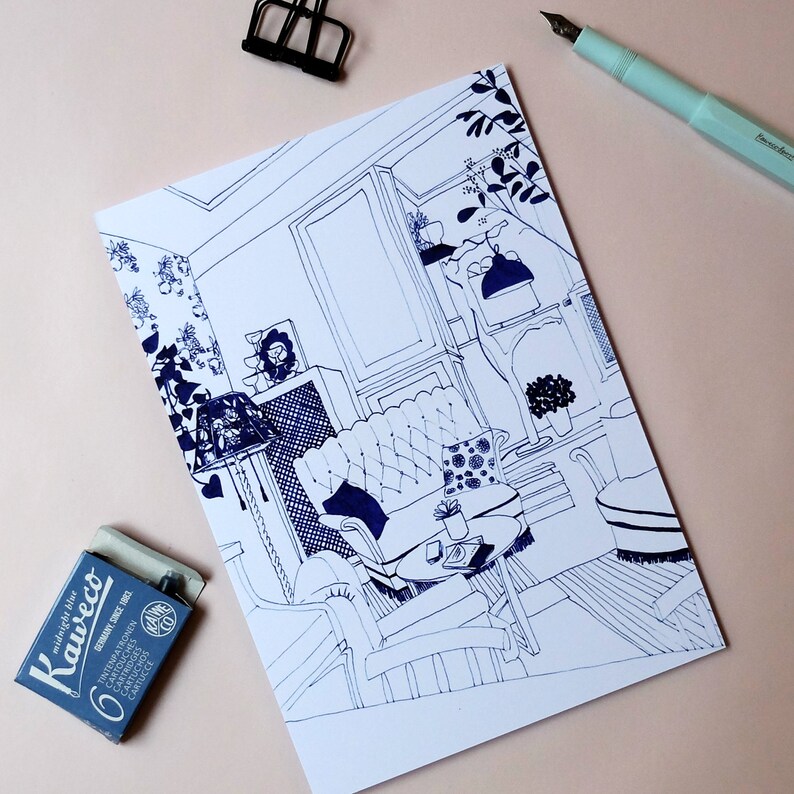 May include: A black and white line drawing of a living room interior with a couch, chairs, a table, and plants. The drawing is done in a minimalist style and features a lot of detail.