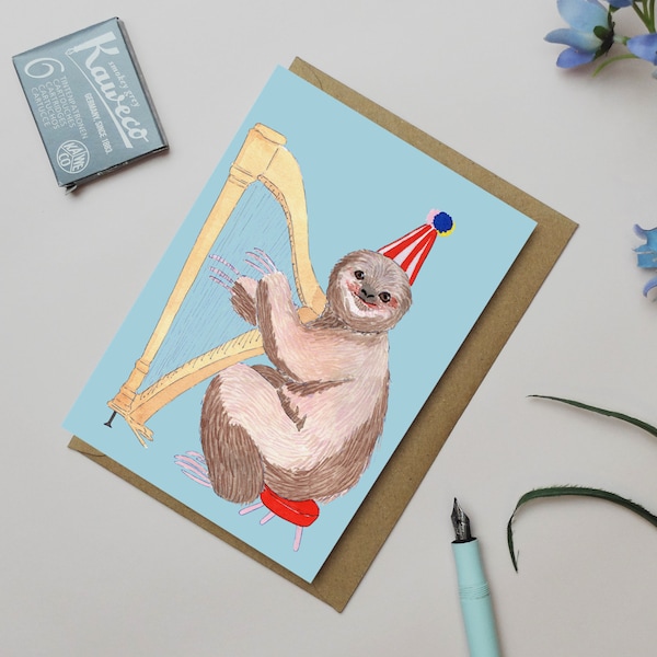 Geburtstagskarte Faultier mit Harfe