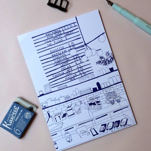 May include: A hand-drawn illustration of a coffee shop menu with prices listed for various coffee drinks, including batch brew, pour over, cold coffees, espresso, Americano, cortado, sidecar, cappuccino, latte, mocha, turmeric latte, chai, matcha, and tea. The illustration also shows a detailed view of the coffee shop interior with shelves, coffee brewing equipment, and a counter.