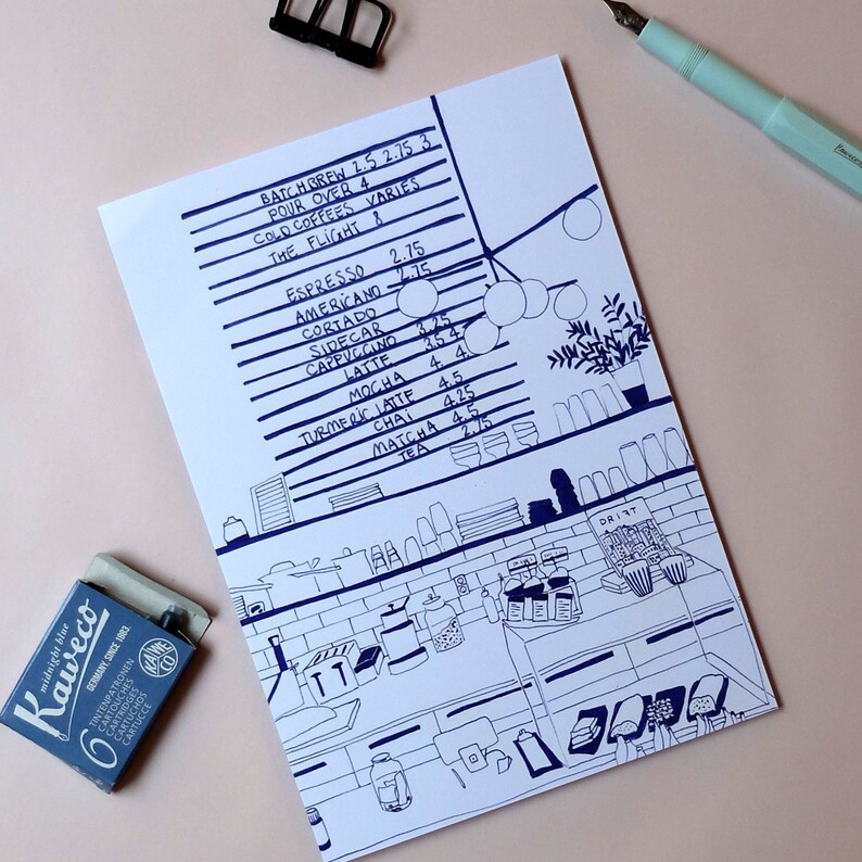 May include: A hand-drawn illustration of a coffee shop menu with prices listed for various coffee drinks, including batch brew, pour over, cold coffees, espresso, Americano, cortado, sidecar, cappuccino, latte, mocha, turmeric latte, chai, matcha, and tea. The illustration also shows a detailed view of the coffee shop interior with shelves, coffee brewing equipment, and a counter.