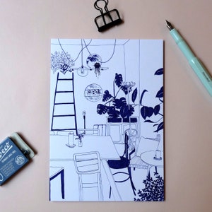 May include: A black and white line drawing of a cafe interior with a ladder, tables, chairs, and plants. The drawing is done in a minimalist style.