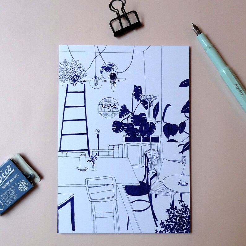 May include: A black and white line drawing of a cafe interior with a ladder, tables, chairs, and plants. The drawing is done in a minimalist style.