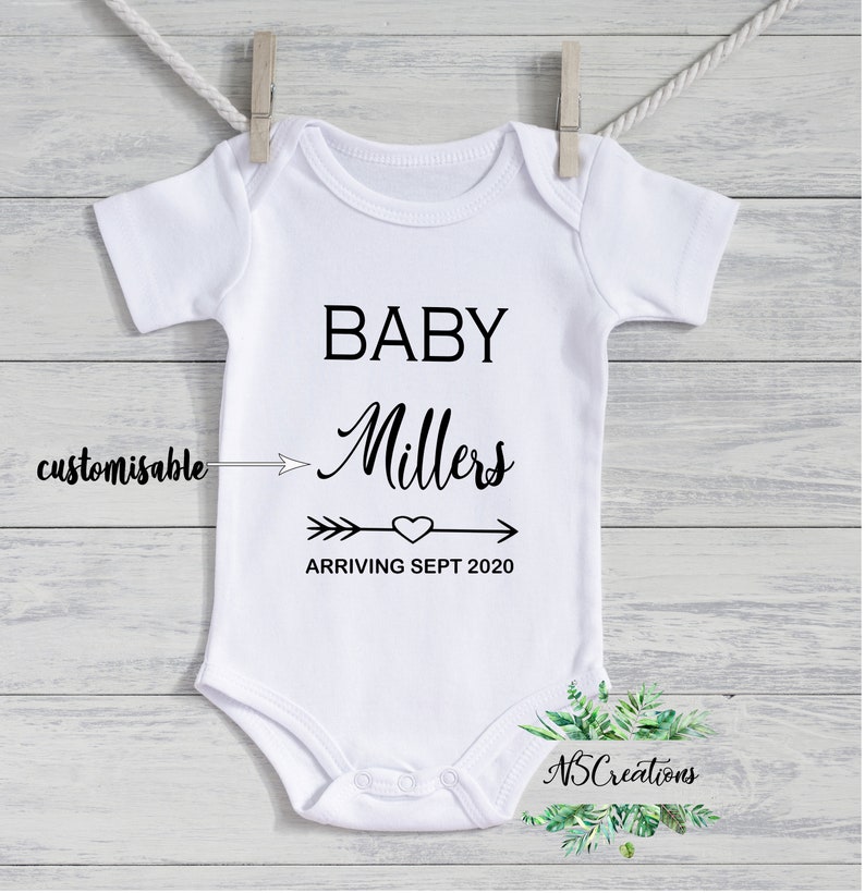 Custom baby surname pregnancy reveal bodysuit due date baby announcement romper announcement shirt baby personalized gift gender reveal