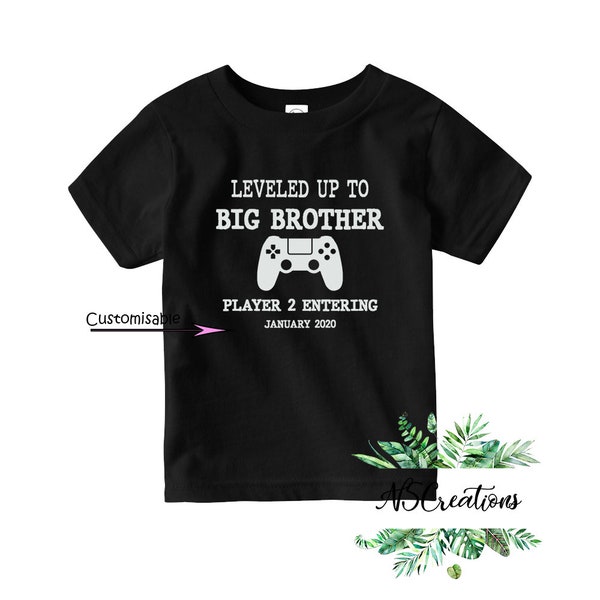 Leveled up to Big Brother t shirt/Pregnancy announcement/ new baby reveal top/ Personalised /  Big brother to be shirt/ PLAYER 2