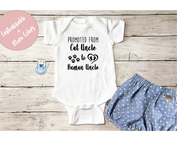 Promoted from cat uncle to Human uncle Baby romper bodysuit Baby shower gift Pregnancy Announcement Bodysuit Baby Reveal