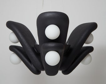 Handcrafted Clay Chandelier, Wabi Sabi Pendant Light, Black Dining Room Fixture