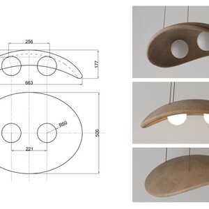 May include: A brown, curved, pendant light fixture with two white globe light bulbs. The fixture is suspended from the ceiling by two wires. The fixture is 25.6 inches wide and 17.7 inches tall.